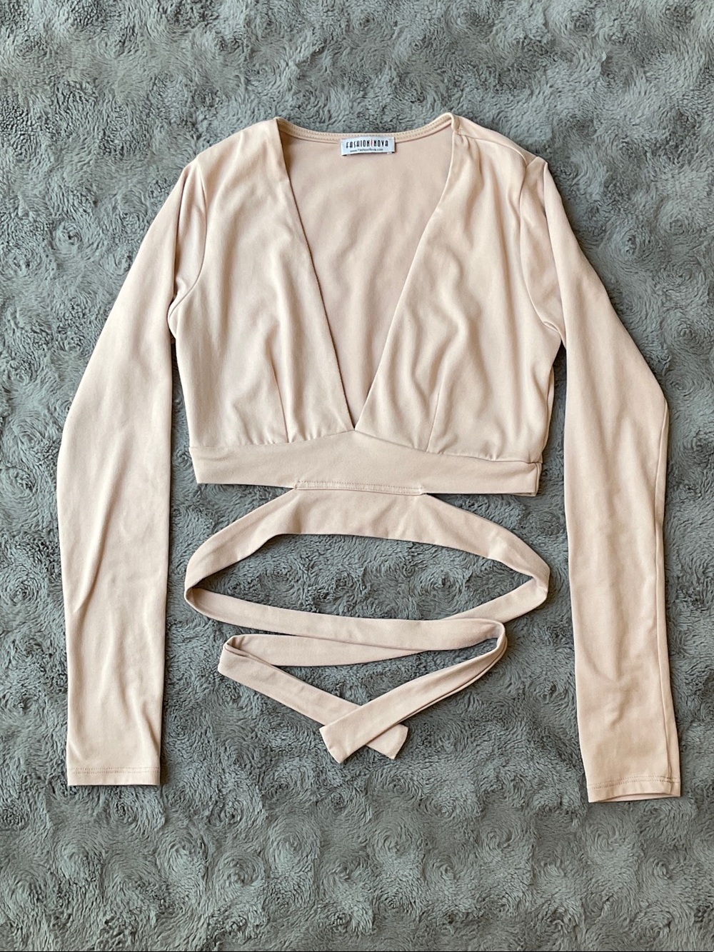 Fashion Nova Blush Wrap-Front Long Sleeve Crop Top